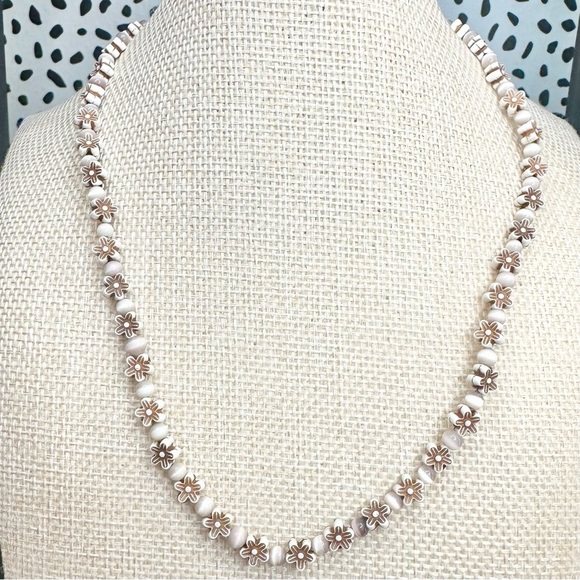 Vintage Flower and Cats Eye Beaded 17” Necklace - Picture 1 of 4